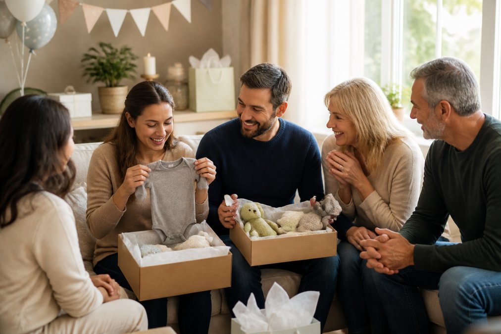 New parents opening thoughtfully wrapped gifts at a baby shower in a warmly lit living room, genuine smiles on their faces, carefully selected items visible in open boxes, surrounded by family members