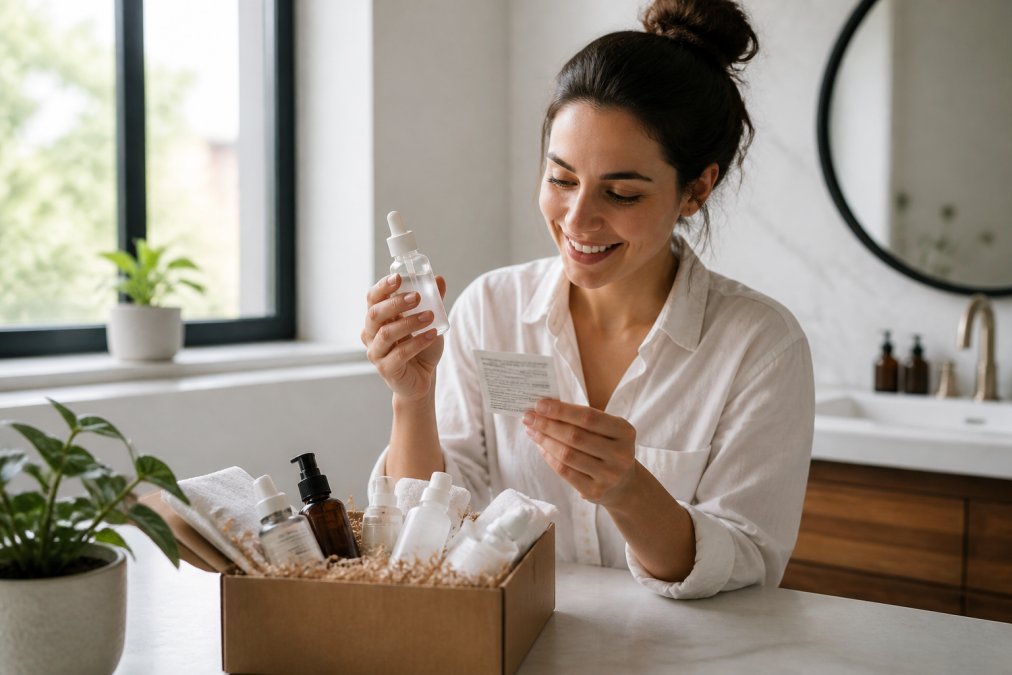 A woman in a bright bathroom unpacking a curated beauty box, holding a serum bottle with a small card listing product details, natural light from a window