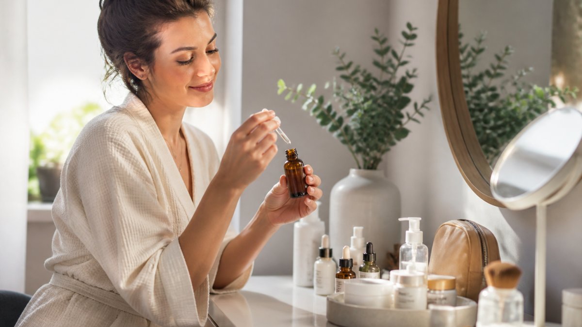 Woman at home sitting at a vanity table with curated beauty products displayed and organized, examining a skincare serum with satisfaction in natural morning light