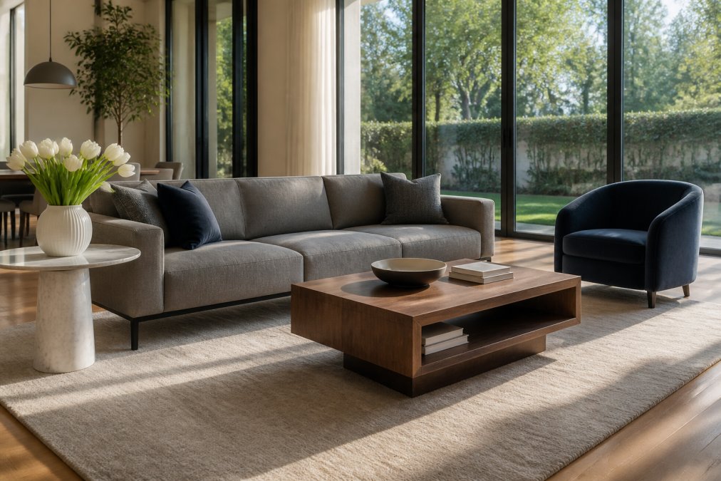 Diagram showing essential items included in curated luxury furniture packages for a sunlit modern living room