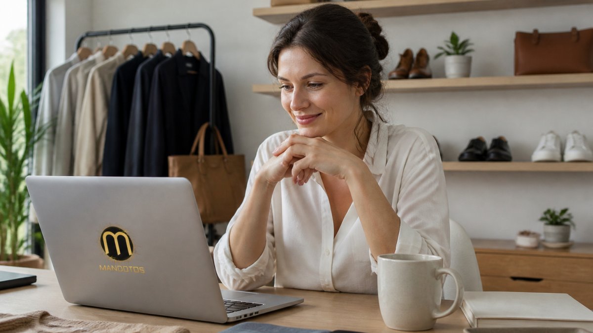 Person relaxing while browsing a curated online lifestyle store on a laptop in a minimalist home office.
