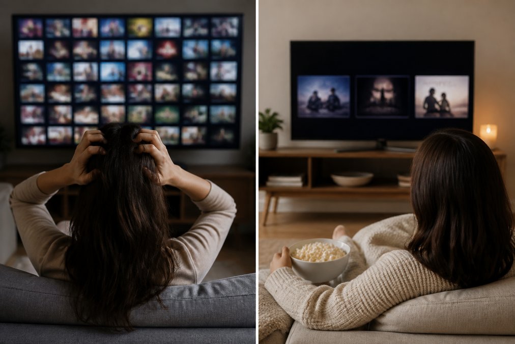Split-screen comparison showing a person overwhelmed by a massive grid of streaming titles on the left, and the same person relaxed while watching a curated selection on the right