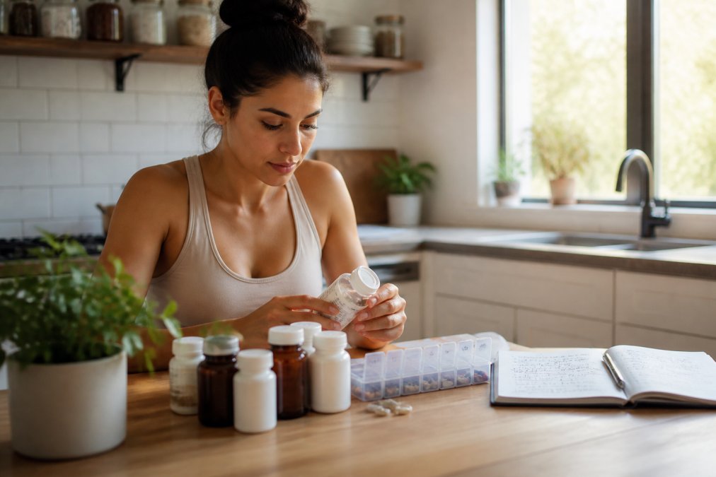 Person organizing supplement bottles and a weekly pill case at a sunlit kitchen counter with handwritten notes