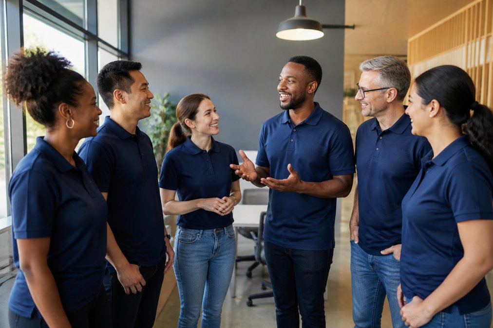 A diverse team of employees wearing matching branded polo shirts, smiling and collaborating in a bright, modern office space
