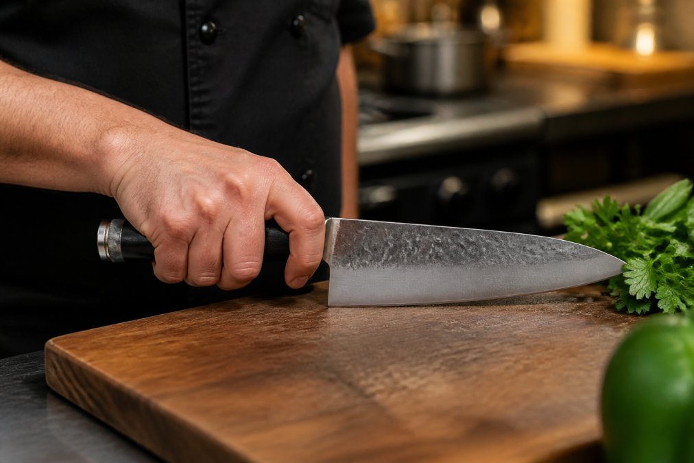 Close-up of a chef's hand gripping a custom chef knife on a wooden cutting board, showing relaxed wrist position and natural finger placement