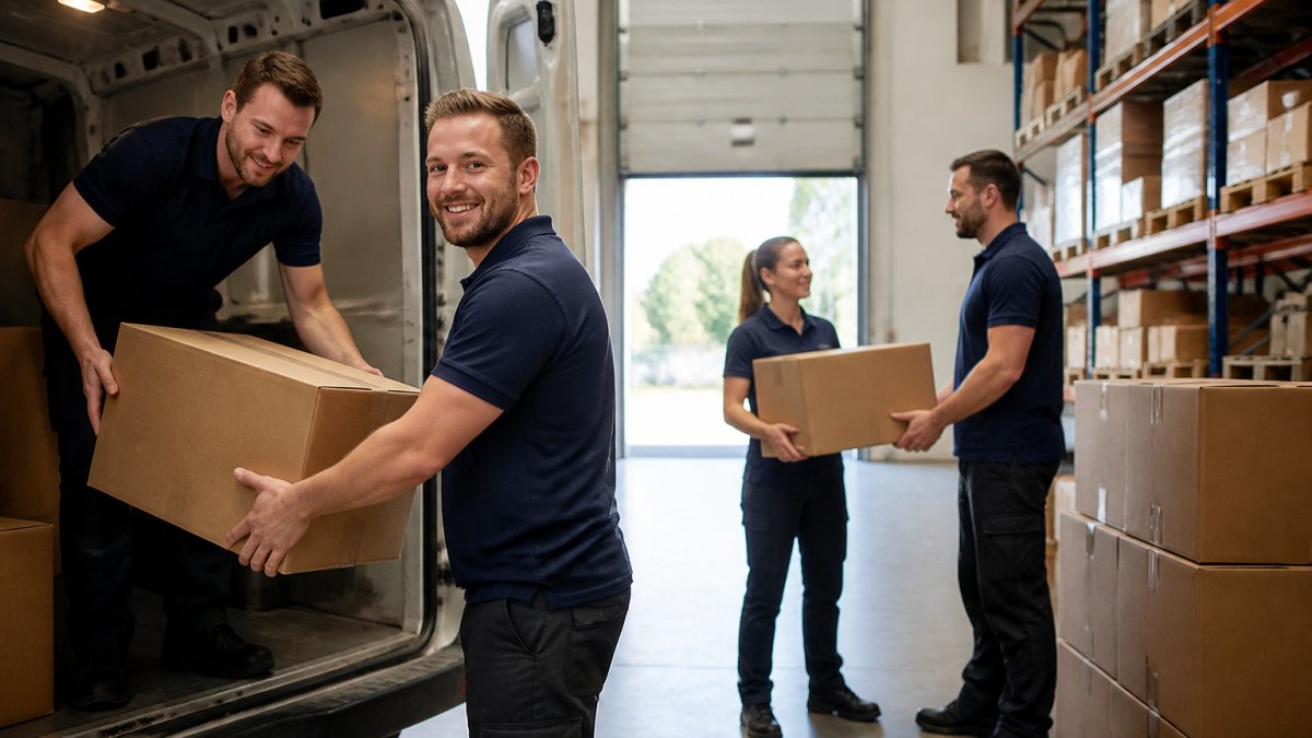 A team of warehouse staff in matching branded polo shirts unloading stock in a bright, modern distribution centre, one smiling towards the camera