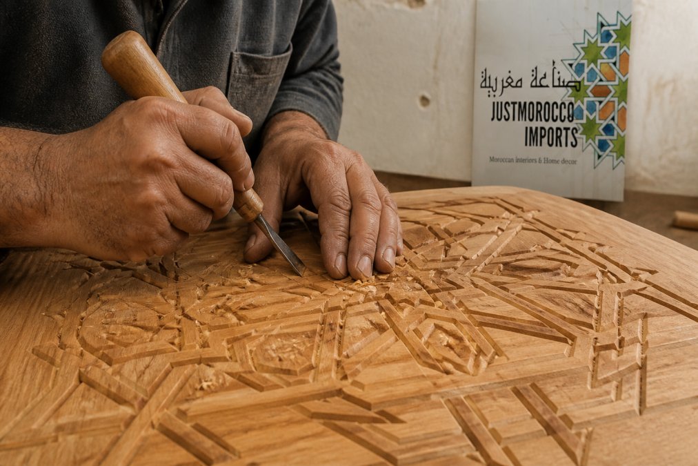 Close-up of artisan hands carving intricate geometric patterns into cedarwood, showing the detailed craftsmanship and precision of handmade furniture creation