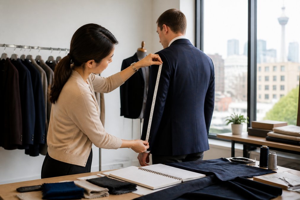 A tailor taking measurements on a client in a bright Calgary studio with fabric swatches and a notebook on the table