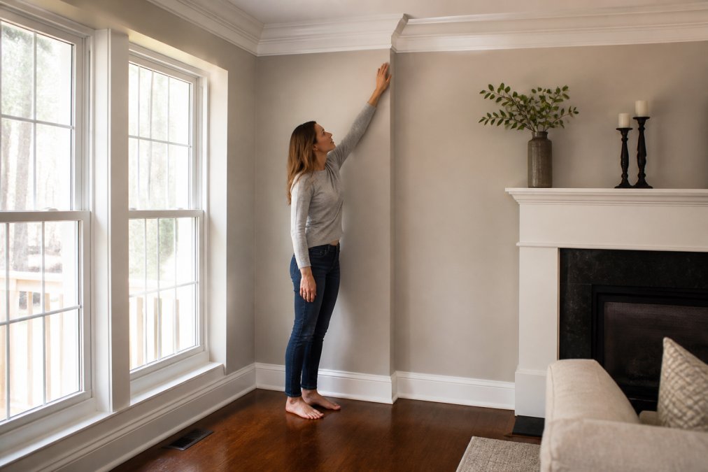 Homeowner admiring the crisp lines of custom interior trim and crown molding in a sunlit living room