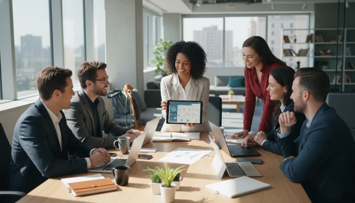 A diverse team of professionals gathered around a conference table reviewing a mobile app prototype on a tablet, with laptops and notebooks visible, in a bright modern office setting