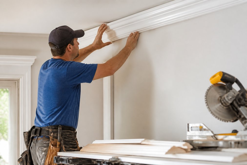 Carpenter installing custom moulding at the ceiling line with a miter saw nearby