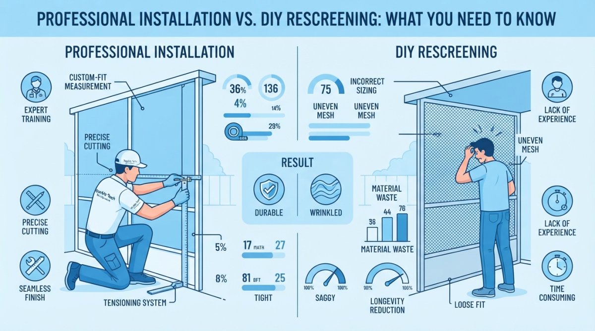 Professional technician carefully measuring and fitting custom screen mesh into aluminum frame on residential patio, showing precision work with measurement tools and professional installation technique