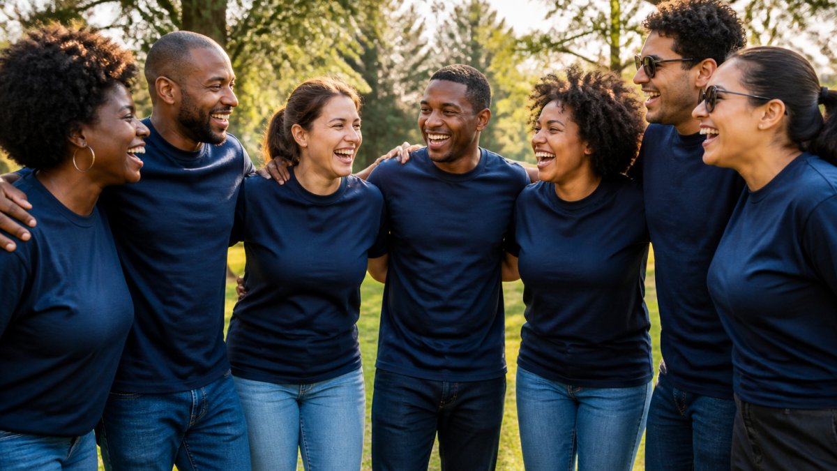 A diverse group of coworkers wearing matching custom T-shirts laughing together during a casual outdoor team-building activity, warm afternoon light, park setting