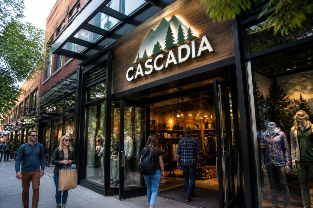 Professional retail storefront with custom illuminated sign displaying business name and logo, customers walking past and entering store during daytime with clear signage visible from street