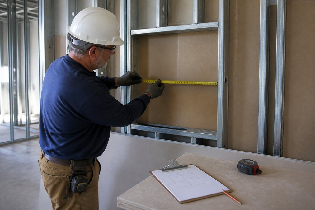 A contractor in a hard hat and work gloves holding a tape measure against a framed wall opening in a commercial building, with a clipboard showing rough measurements nearby