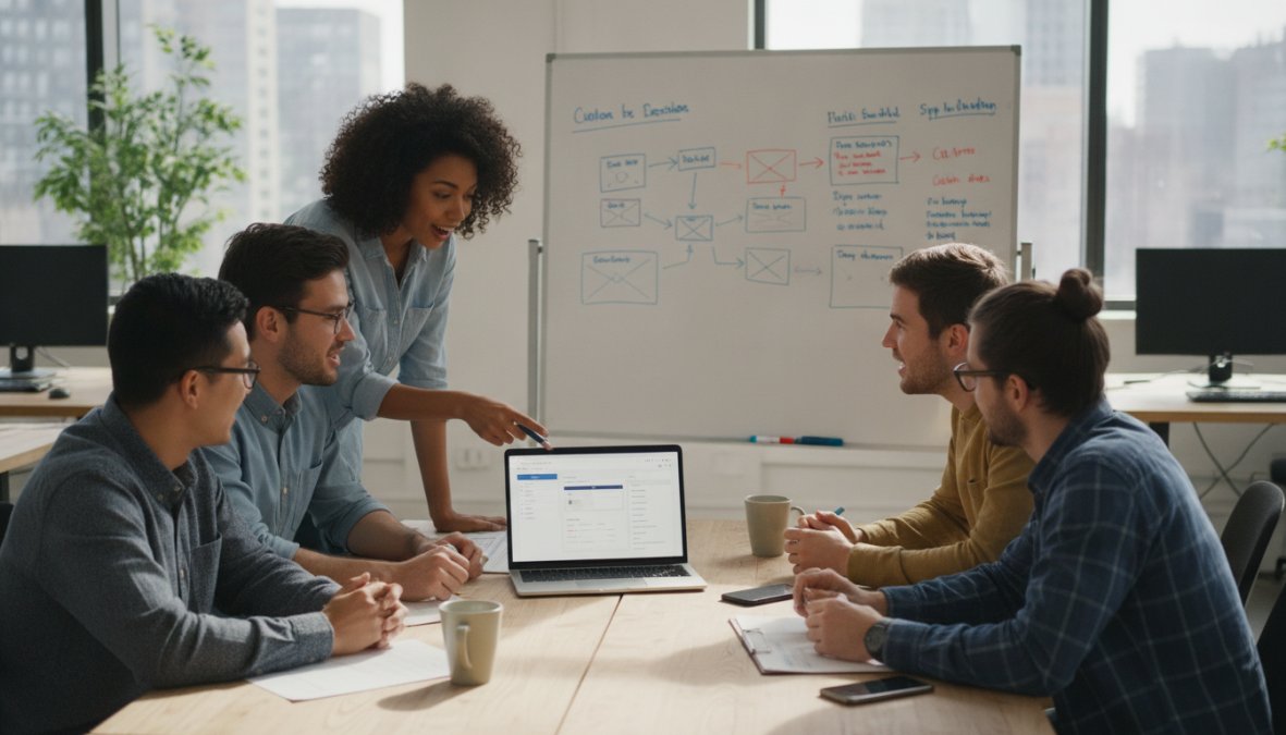 A small startup team of four people collaborating around a laptop and whiteboard in a bright modern open-plan office, reviewing an application interface on screen with printed wireframes spread across the table