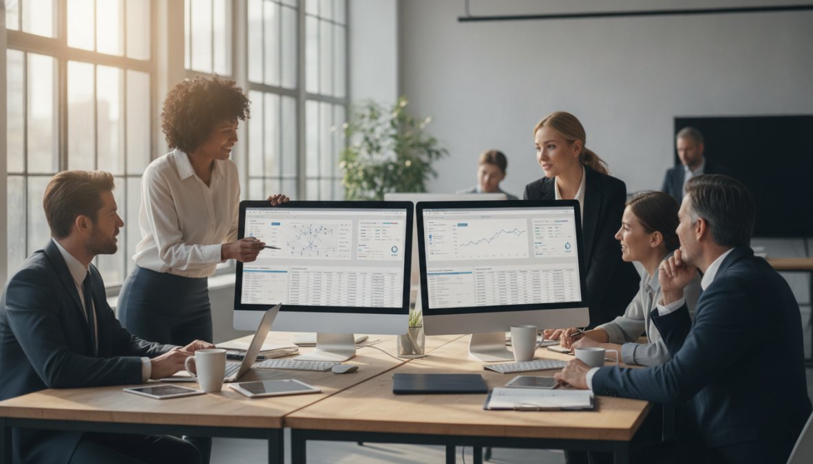 A diverse team of professionals collaborating around a large desk with multiple monitors displaying a custom web application dashboard with real-time data analytics, modern open-plan office with natural light streaming through floor-to-ceiling windows