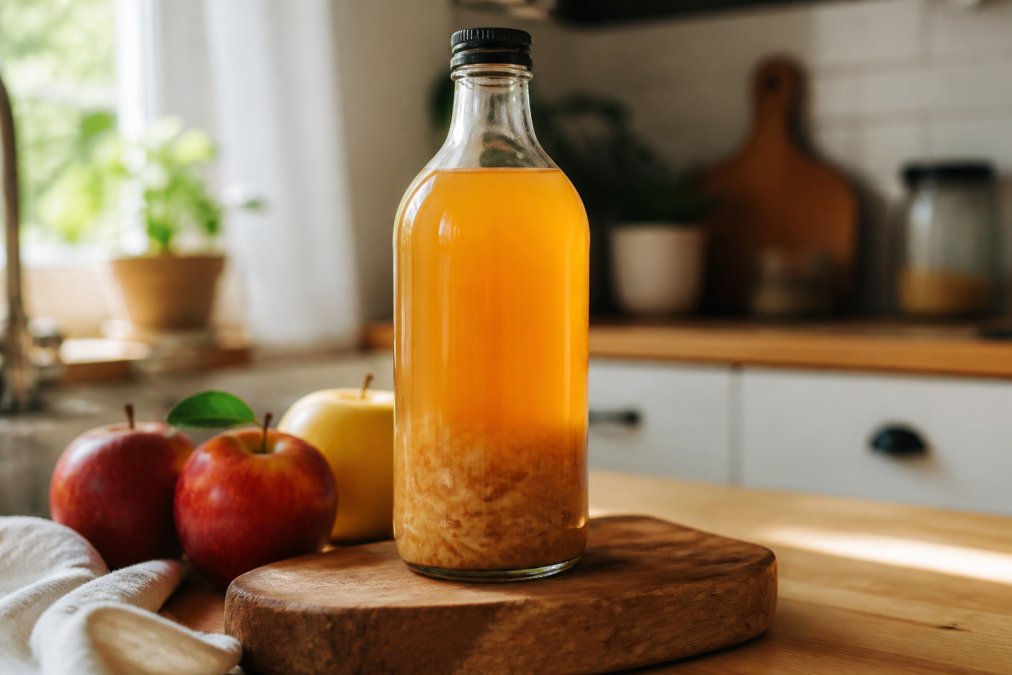 Close-up of a glass bottle of raw apple cider vinegar with visible cloudy sediment at the bottom, set on a wooden kitchen counter with natural morning light