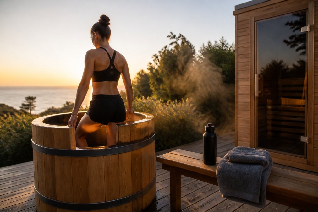 A person in athletic wear stepping into a cedar cold plunge tub on a backyard deck at sunrise, steam rising from an adjacent cedar sauna, towel and water bottle on a nearby bench