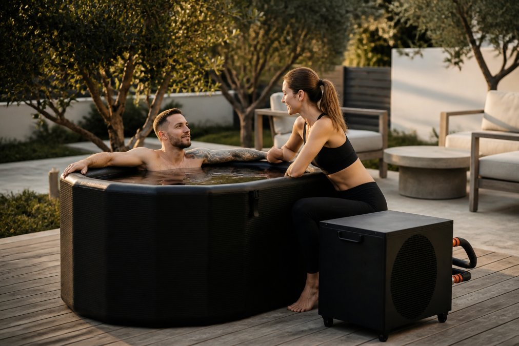 Sophisticated home wellness sanctuary featuring a premium acrylic cold plunge tub integrated seamlessly into a refined living space with warm ambient lighting, natural materials, and elegant furnishings reflecting contemporary design