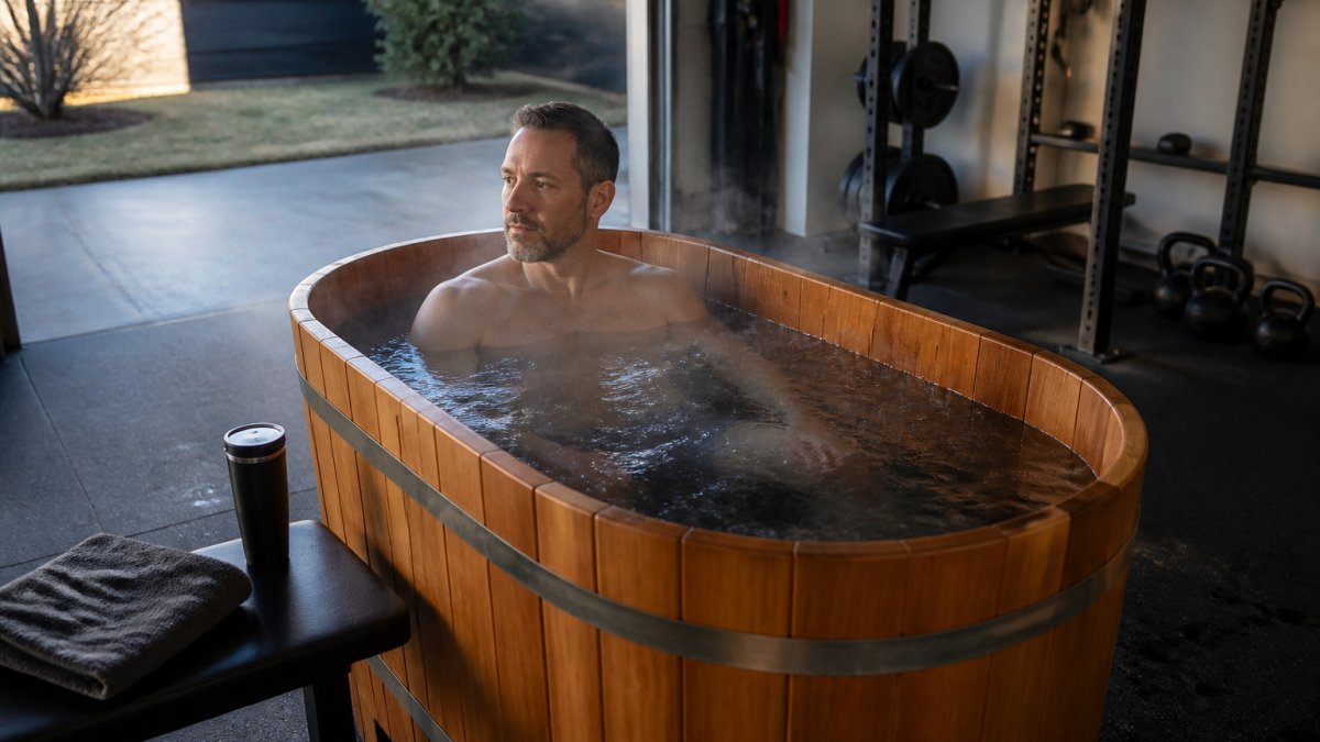 A man in his 40s sitting in a cedar cold plunge tub in a home garage gym, timer visible on a nearby bench, steam rising from the water in cool morning air