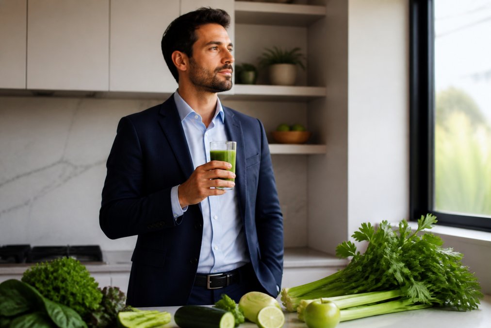 Busy professional in bright morning kitchen holding a fresh green juice, with leafy greens, celery, and fresh vegetables visible on the counter nearby