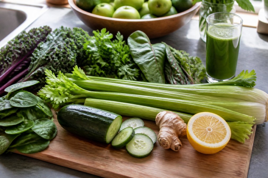 Close-up of fresh leafy greens, celery, cucumber, and vibrant vegetables being arranged on a wooden cutting board with natural morning light