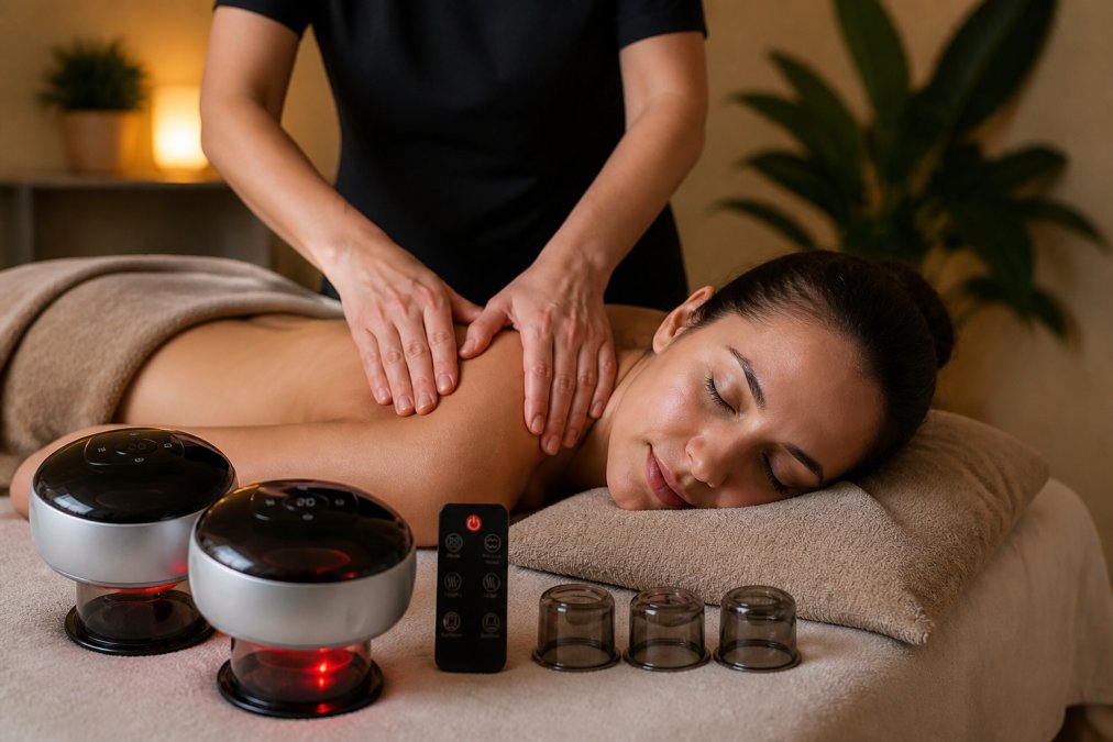 Person receiving a therapeutic neck and shoulder massage in a calm wellness room with soft warm lighting and peaceful ambiance