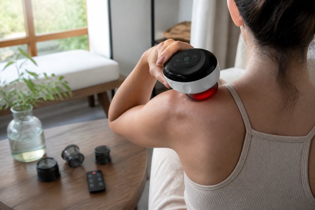 Close-up of hands using a handheld massage device on shoulder and neck area with proper technique in a home setting with natural lighting