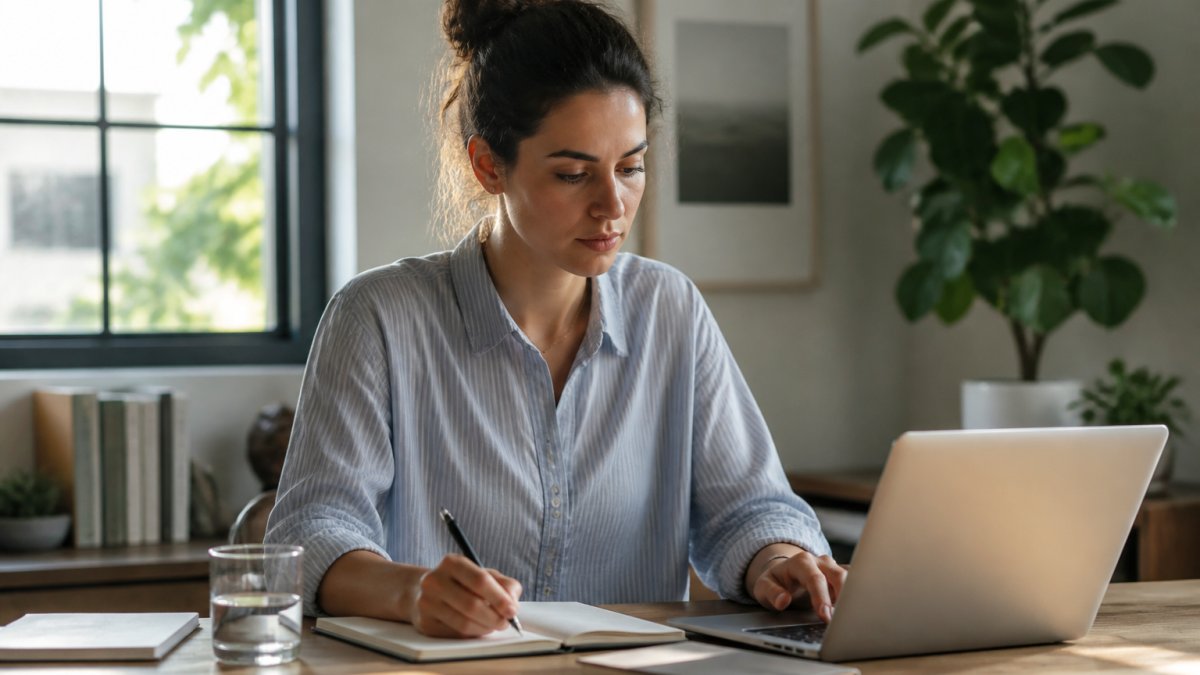 Focused young professional working on a laptop at a clean, sunlit home office desk with a glass of water.