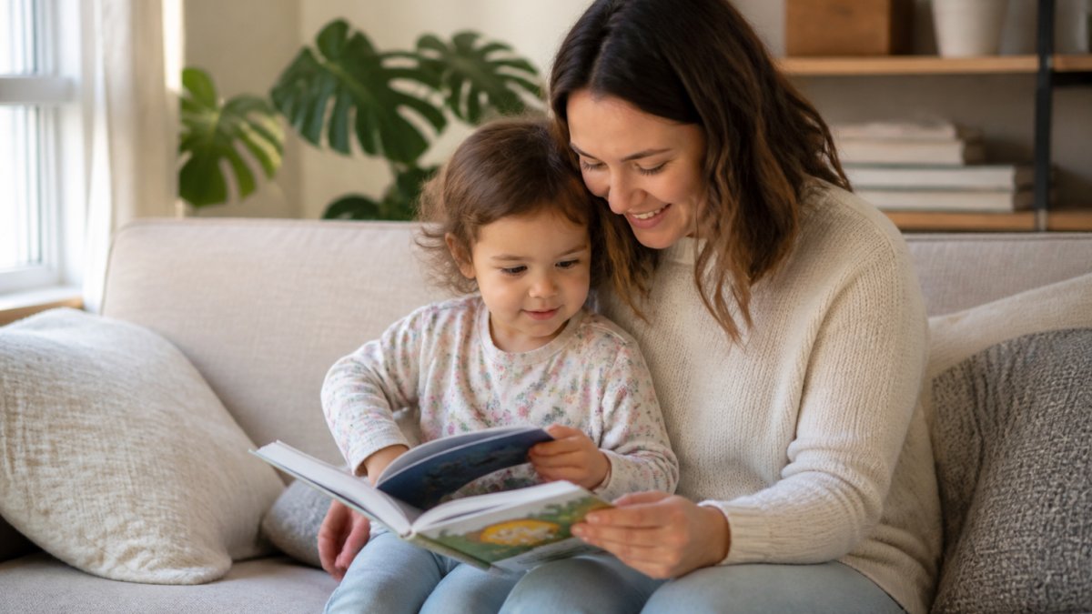 A parent and toddler sitting together on a cozy couch, sharing a picture book, soft natural light, warm and relaxed scene