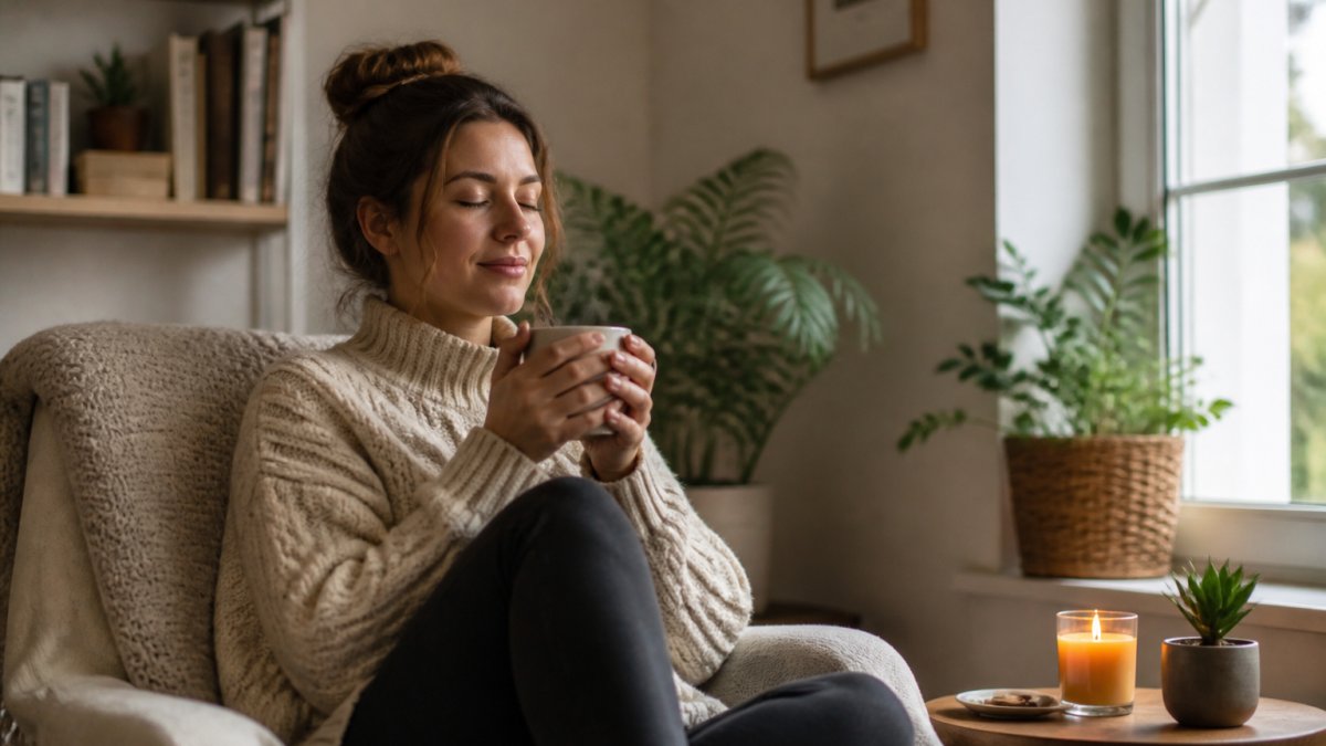 Person sitting peacefully in a comfortable home space with soft natural lighting from a window, holding a warm cup of tea, appearing calm and centred with eyes closed