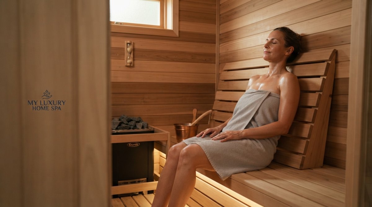 A person relaxing inside a modern wooden home sauna with soft ambient lighting, eyes closed, appearing calm and comfortable