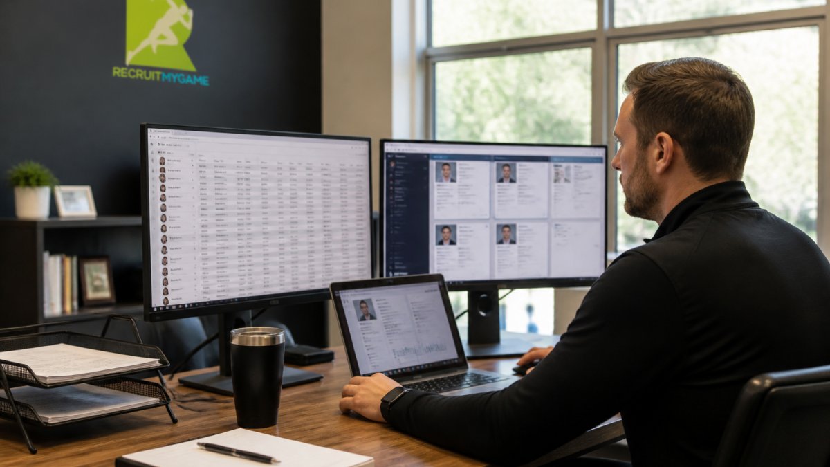 Professional recruiter reviewing candidate profiles and analytics on computer screen in modern office with multiple windows open showing candidate data