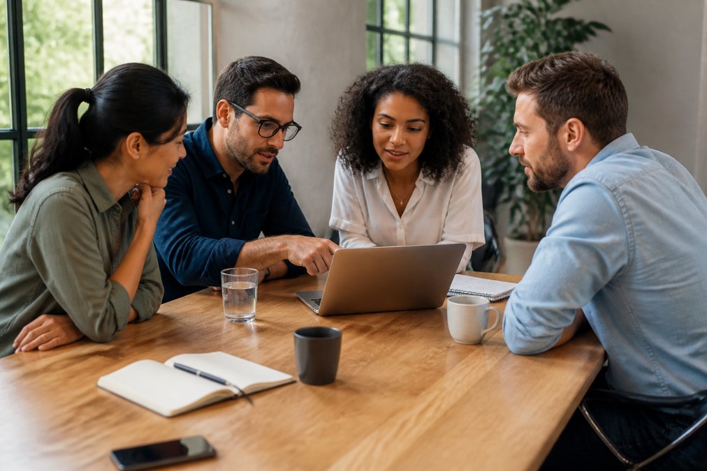 A marketing team gathered around a laptop in a bright office, one person pointing at a website analytics dashboard on the screen while colleagues discuss conversion numbers