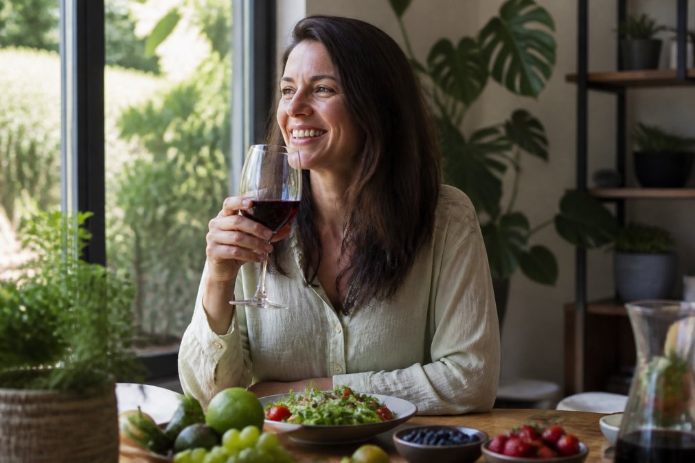 Person enjoying a glass of dealcoholized red wine at a dining table with fresh fruit, healthy food, and natural afternoon lighting