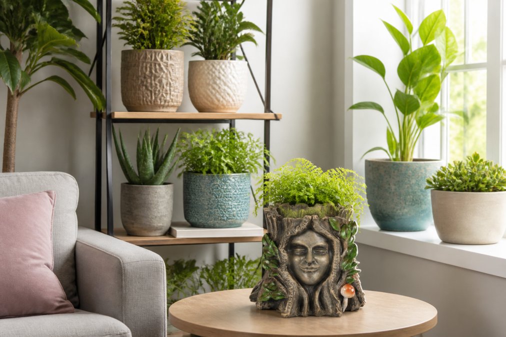 Bright living room corner with multiple decorative plant pots in varying colours and textures displayed on shelves and windowsills, showcasing how they complement modern interior design with natural sunlight streaming through windows