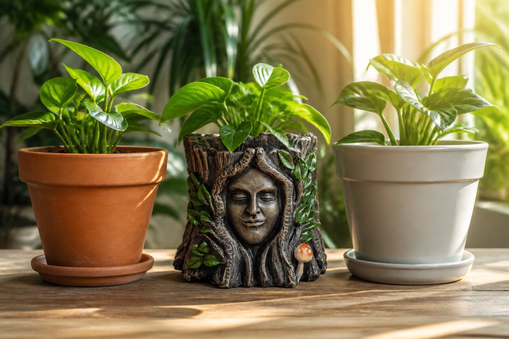 Close-up arrangement of three different plant pot materials side by side, terra cotta, ceramic, and plastic, with small houseplants growing in each, highlighting texture and colour differences under warm natural lighting