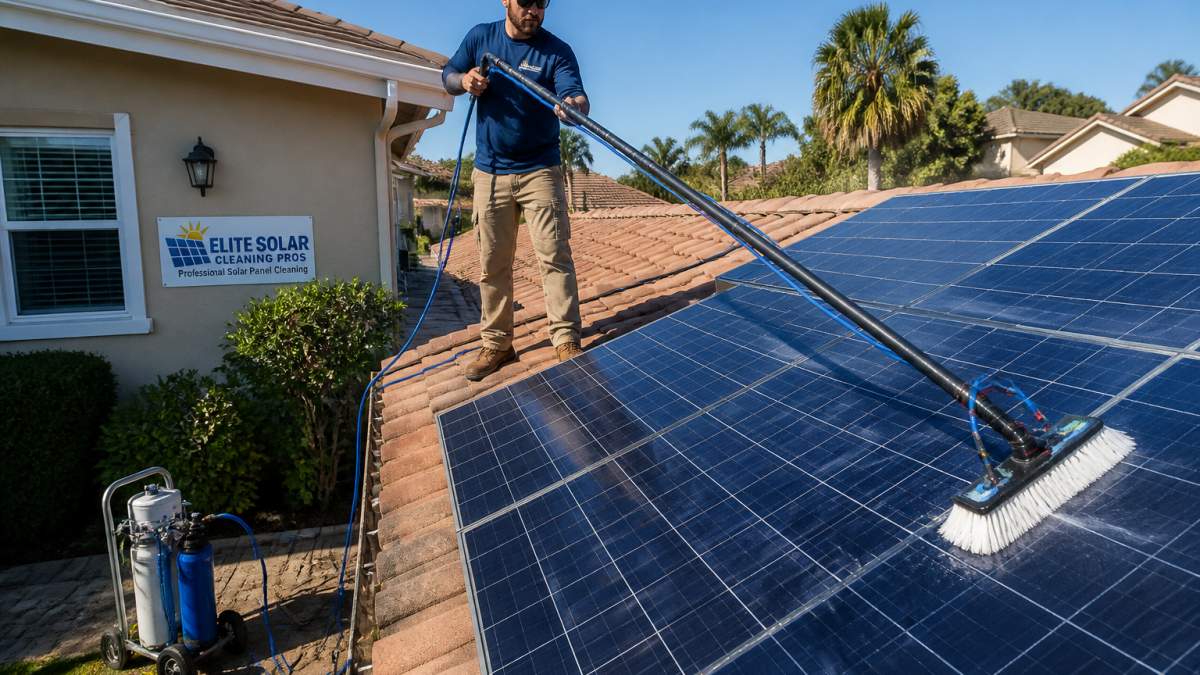 A technician on a residential roof using a long water-fed pole with a soft brush to rinse a solar panel array under clear daylight, with a small deionization cart and hoses visible on the ground below