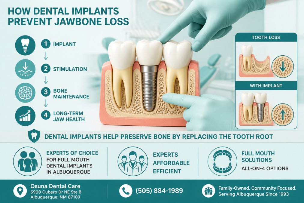 Close-up of a dental implant model showing the titanium post integrated into a jawbone replica, with a dentist's gloved hands pointing to the implant site in a modern dental office