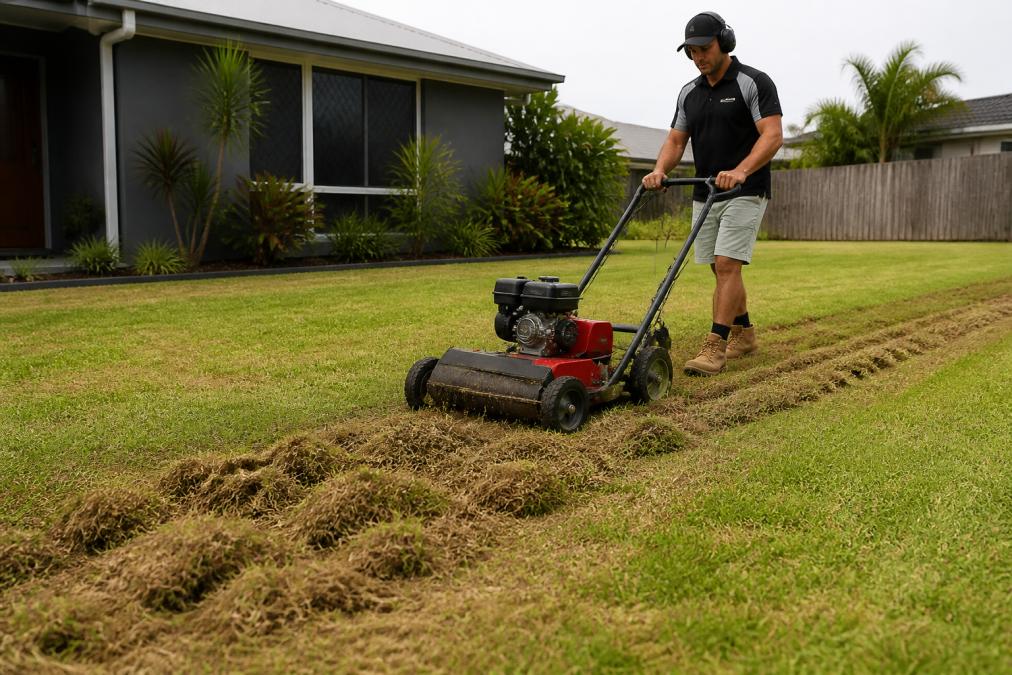 Professional operator using a mechanical dethatcher machine across residential lawn, pulling up visible thatch and dead grass material, with collected debris visible on the ground
