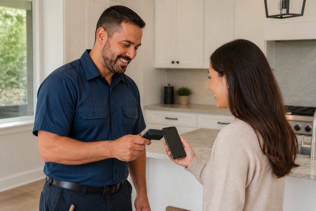 A tradesperson in a clean work shirt tapping an NFC-enabled card to a client's smartphone during an in-person consultation in a bright, modern kitchen, both smiling as the contact profile loads on the screen