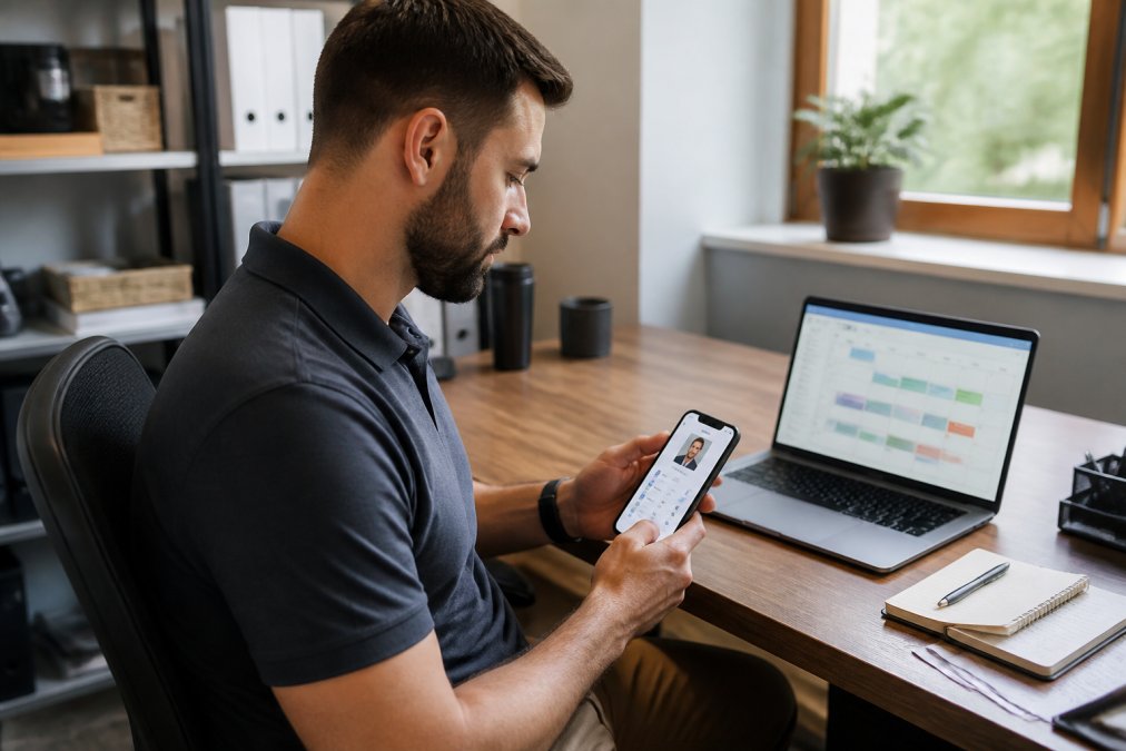 A contractor in a branded polo shirt reviewing their digital profile on a smartphone at a tidy home office desk, with a laptop open in the background showing a scheduling dashboard, warm natural light from a window