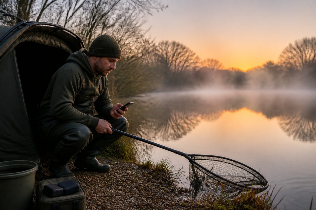 A carp angler sitting beside a bivvy at dawn, holding a smartphone in one hand and a landing net in the other, with mist rising off a still lake in the background
