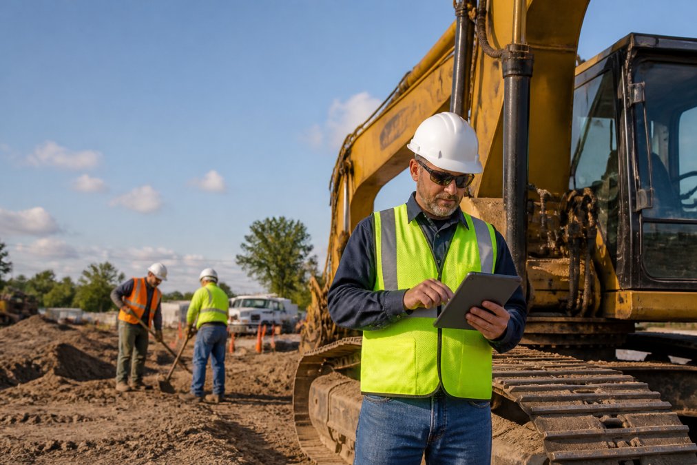A construction site supervisor in a hard hat and safety vest holding a rugged tablet, entering inspection data while standing beside an excavator on a sunny jobsite, with crew members working in the background