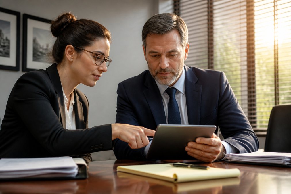 Paralegal and attorney reviewing a digital document delivery confirmation on a tablet in a modern law office