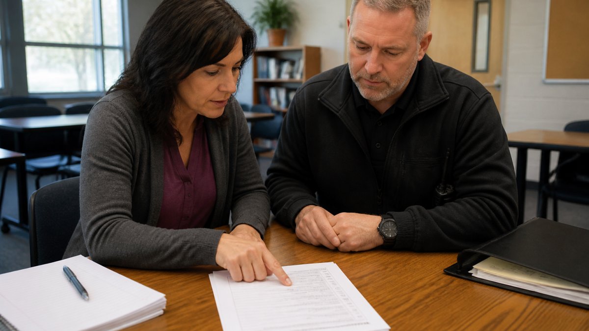School administrator and safety officer reviewing a digital reunification plan on a laptop and printed checklist.
