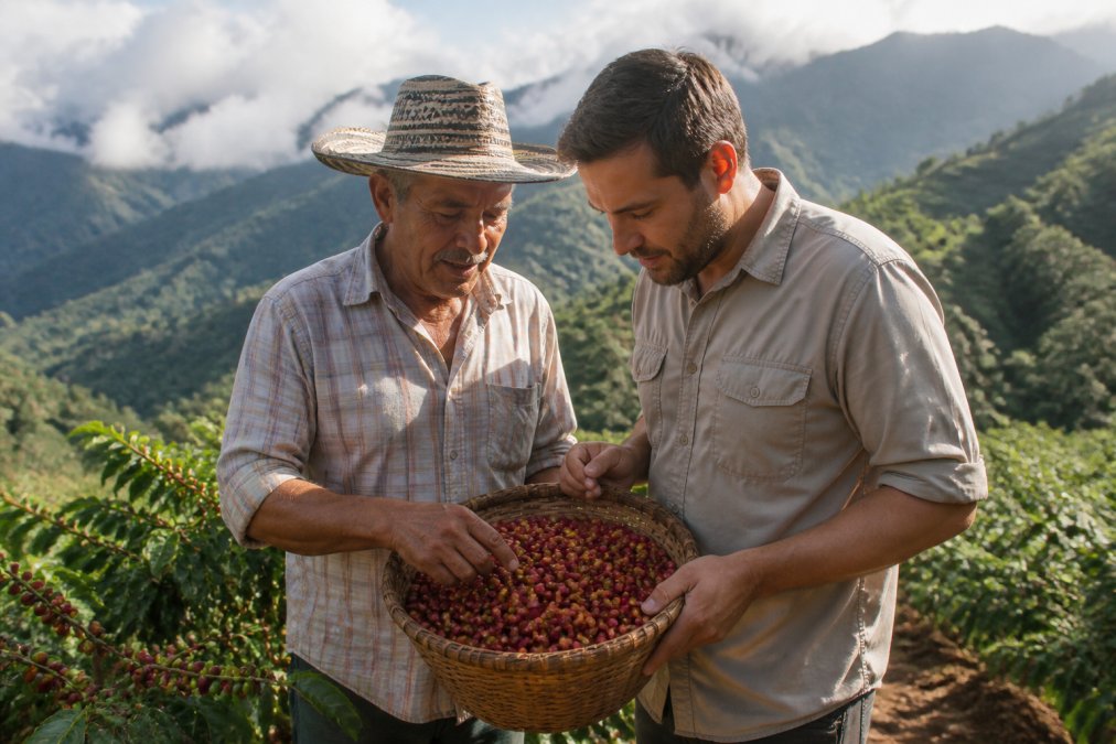 A Colombian coffee farmer and a roaster standing together on a hillside farm, examining freshly picked coffee cherries in a woven basket, warm morning light