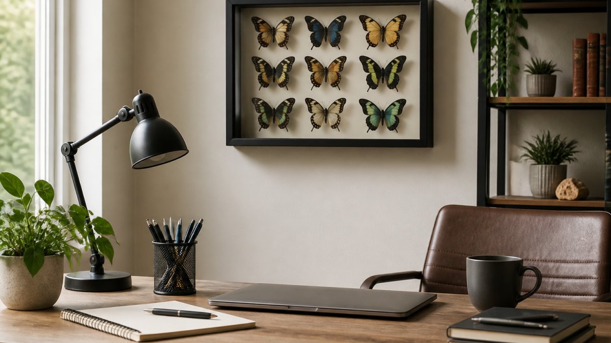 A well-lit home office desk with a black shadowbox frame containing preserved butterflies mounted on the wall above, alongside a laptop, notebook and small potted plant, showing a tidy professional workspace with natural light