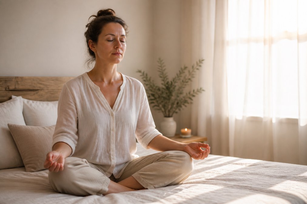 Benefits of Distant Spirit Healing Sessions 1 A woman sitting cross-legged on a bed in a softly lit bedroom, eyes closed, hands resting open on her knees in a meditative posture, with warm afternoon light filtering through sheer white curtains